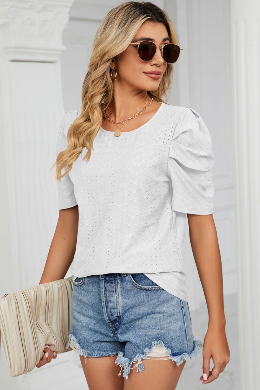 Why Not Me Eyelet Puff Sleeve Top - white short sleeve top with puff sleeves and round neck #Firefly Lane Boutique1