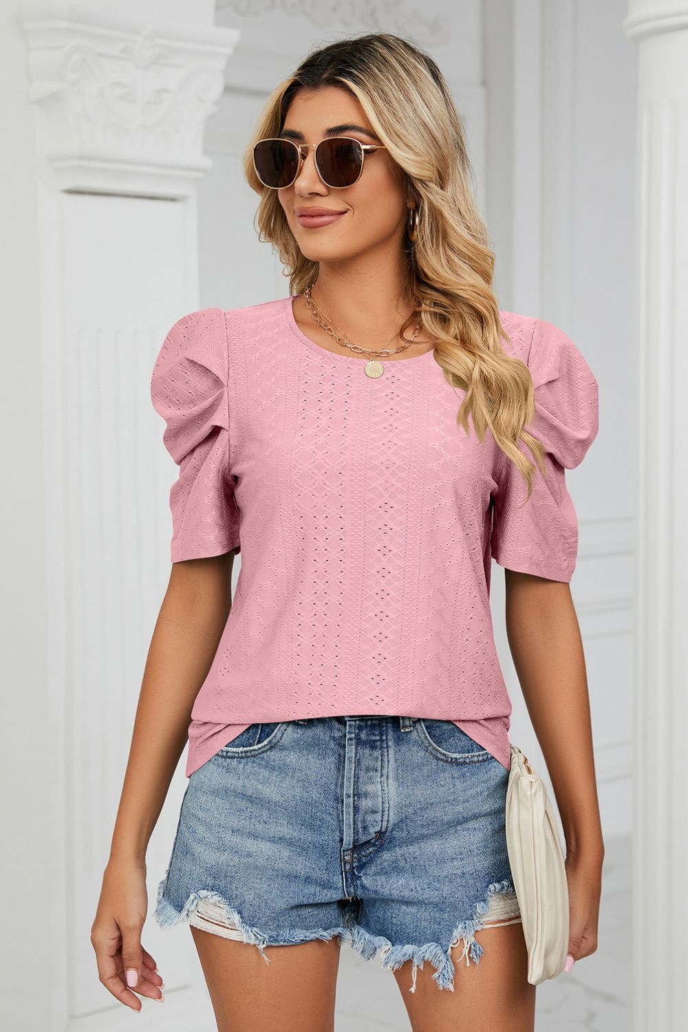 Why Not Me Eyelet Puff Sleeve Top - pink short sleeve top with puff sleeves and round neck #Firefly Lane Boutique1