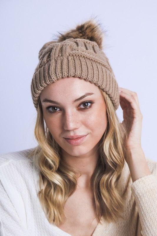 Womens Pom Beanie - khaki Pom
Beanie with cable knit and a faux fur pom on top. #Firefly Lane Boutique1