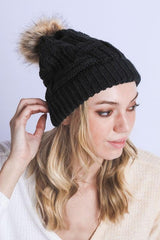 Womens Pom Beanie - black Pom
Beanie with cable knit and a faux fur pom on top. #Firefly Lane Boutique1