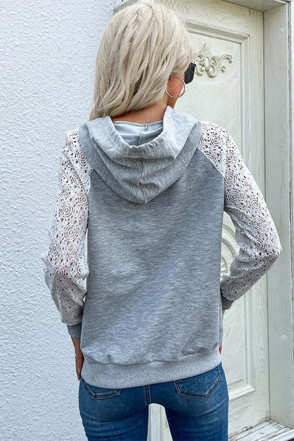 Women's Gray Hoodie with Lace Raglan Sleeve Drawstring -Women’s hooded sweaters#Firefly Lane Boutique1