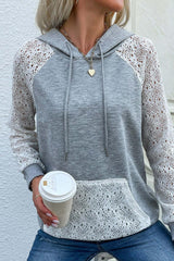 Women's Gray Hoodie with Lace Raglan Sleeve Drawstring -Women’s hooded sweaters#Firefly Lane Boutique1