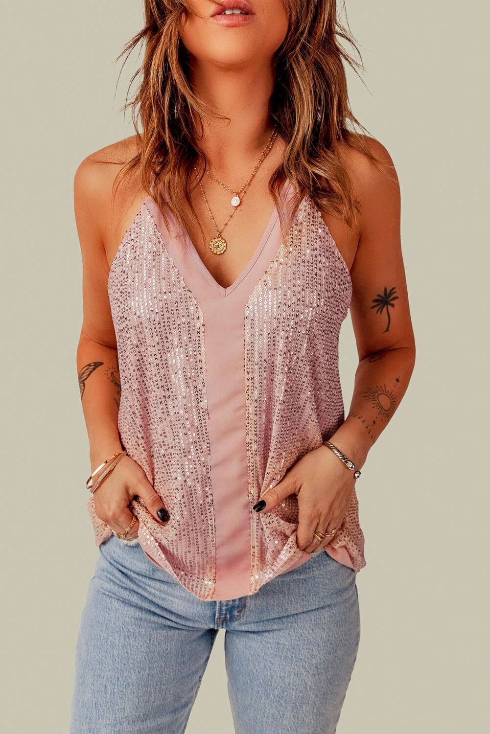 Women’s Sequin Tank Tops - pink sequin tank top with a racerback #Firefly Lane Boutique1